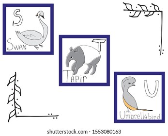 Hand-drawn alphabet, font, letters. Doodle ABC for kids with cute animal characters. Vector illustration, isolated on white background.
