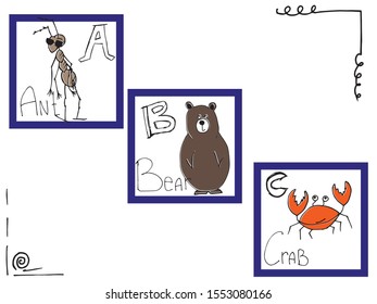 Hand-drawn alphabet, font, letters. Doodle ABC for kids with cute animal characters. Vector illustration, isolated on white background.