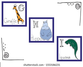 Hand-drawn alphabet, font, letters. Doodle ABC for kids with cute animal characters. Vector illustration, isolated on white background.