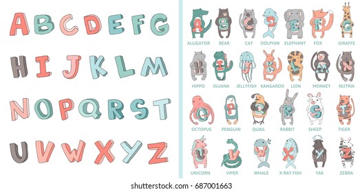 Hand-drawn Alphabet, Font, Letters. Doodle ABC For Kids With Cute Animal Characters. Vector Illustration, Isolated On White Background.