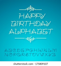 Hand-drawn alphabet letters, happy birthday design card. vector image. 