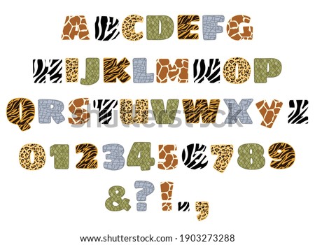 Handdrawn alphabet letters and numbers set with jungle animals skin pattern. Vector illustration