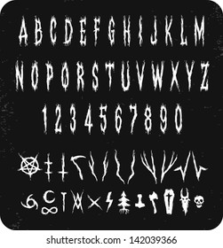 Hand-drawn alphabet is useful for creation headlines and metal band logos. Additional elements (numbers, occult symbols, decorative branches, etc.) also included.