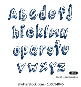 Hand-drawn alphabet. Vector illustration isolated on white