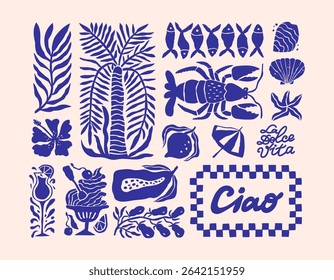 Hand-drawn Amalfi summer clipart set with florals, seafood, fruits, and beach doodles. Retro Mediterranean vibes in a charming, naive, minimal style. Perfect for postcards and design.