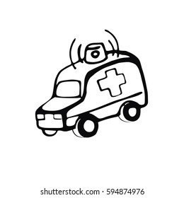 Hand-drawn ambulance/Vector linear image on the topic of medicine, medicine and health. Sketches for use in design, web site, packing, textile, fabric
