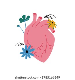 Hand-drawn anatomical heart. Vector floral elements in a flat style isolated on a white background. Design of a romantic greeting card. The concept of health.
