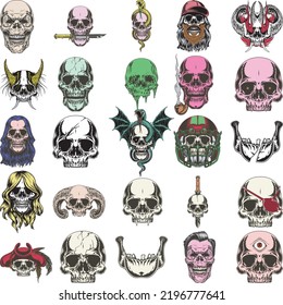 Hand-drawn Anatomical Skulls Vector Set.