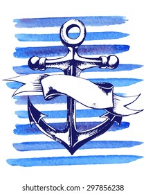 Hand-drawn anchor and banner on the background of watercolor strips, vector Illustration
