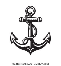 Hand-Drawn Anchor Design Perfect for Sailor Concepts, Anchor with Rope Black and White Vector