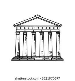 Prédio do templo grego clássico desenhado à mão com uma linha de colunas.