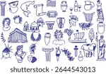 Hand-drawn ancient Greece doodle vector set with statues, temples, columns, laurel, amphorae, wine, masks, and mythology. Ideal for historical projects, classical art, museum themes, or education.