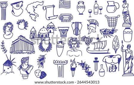 Hand-drawn ancient Greece doodle vector set with statues, temples, columns, laurel, amphorae, wine, masks, and mythology. Ideal for historical projects, classical art, museum themes, or education.