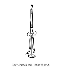 Hand-drawn andle on white background. Line illustration of candle with decorative bow. For cards, greetings and holidays.