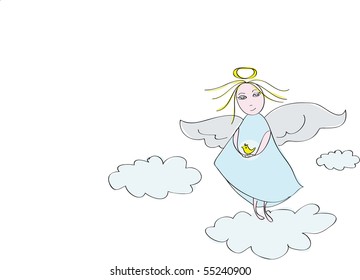 Hand-drawn angel in the clouds. Frame, background. Vector