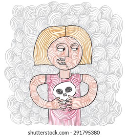  Hand-drawn angry girl holding a cranium. Simple vector illustration of a mad and irritated woman, negative facial expression. 