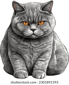 Hand-Drawn Angry Grumpy British Shorthair Cat Pencil Drawing