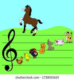 Hand-drawn animal icons for children learning music. Music staff and treble clef.