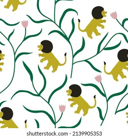 Hand-drawn animal seamless pattern. Cute hand-drawn lions in plants. Stylish retro pattern design for fabric or wallpaper. Lions and plants with flowers on white background.