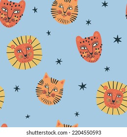 Hand-drawn animal seamless pattern. Funny tiger, lion, jaguar in cartoon stile. Cute cats and stars on blue background. Kids pattern design for fabric or wallpaper.