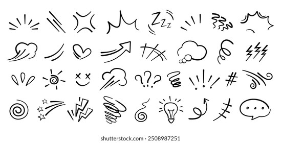 Handdrawn anime manga doodle line elements set. Collection of graphic effects for character emotion. Vector illustration of express shape, anime movement on white background 