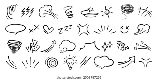 Handdrawn anime manga doodle line elements set. Collection of graphic effects for character emotion. Vector illustration of express shape, anime movement on white background 