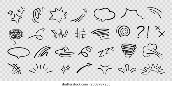 Handdrawn anime manga doodle line elements set. Collection of graphic effects for character emotion. Vector illustration of express shape, anime movement on transparent background 