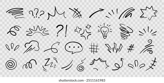 Handdrawn anime manga doodle line elements set. Collection of graphic effects for character emotion. Vector illustration of express shape, anime movement on transparent background 