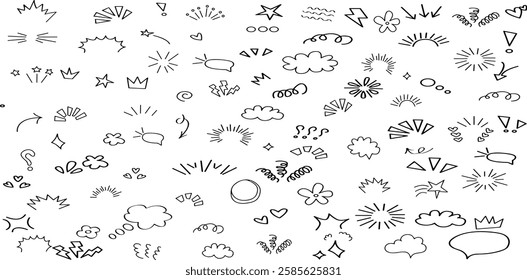 Handdrawn anime manga doodle line elements set.