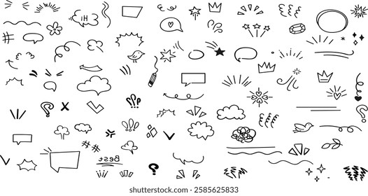 Handdrawn anime manga doodle line elements set.
