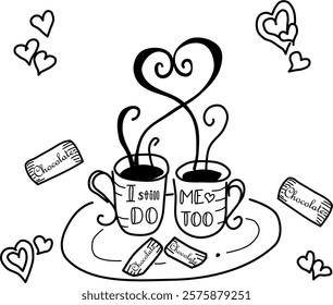 Hand-drawn anniversary coffee vector doodle. "I still do" and "Me too" on coffee cups with chocolate. For the couple who still says "I do."