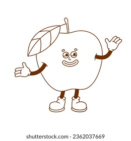 The hand-drawn apple retro character. Vector illustration in trendy retro cartoon style. Fruit, healthy food.