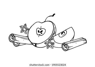 Hand-drawn apple and spices. Apple, cinnamon, cloves. Vector drawing for cookbook, recipes, menu. 