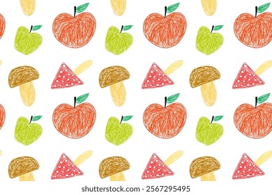 Hand-drawn apples, mushrooms, and red amanitas in a playful seamless pattern on a white background.