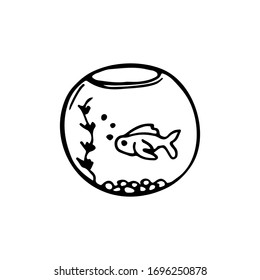 Hand-drawn aquarium with goldfish in doodle style. Linear illustration. Vector image.