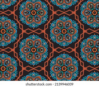 Hand-drawn arabesque seamless pattern, traditional Arabic art.Muslim ornament, colorful pattern with ornamental circles. Vector illustration can be used, Mandala, fabric, clothing, fabrics, prints.