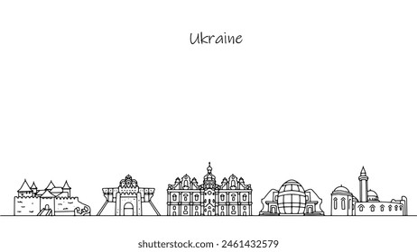 Handgezeichnete architektonische Gebäude der Ukraine. Orte, die Touristen gerne in Kiew und anderen Städten des Landes besuchen. Einfache Vektorillustration für verschiedene Anwendungen.