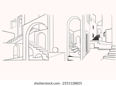 Hand-Drawn Architectural Illustration with Arches and Staircases – Minimalistic Line Art