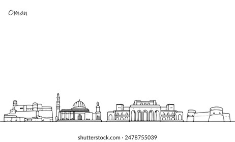 Hand-drawn architecture of the Sultanate of Oman. Sights of the Asian country that attract tourists. A simple illustration with a set of buildings. Vector.