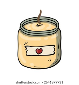Hand-drawn aromatic candle in a jar with a heart, illustrated in outline doodle style. Isolated design element on a white background, suitable for festive, autumn, winter, and cozy projects
