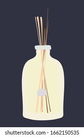 Difuminadores aromáticos hechos a mano con palos de madera aislados en un fondo azul oscuro. Ilustraciones vectoriales.