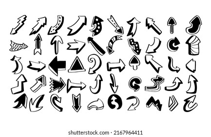 Handdrawn arrow doodle icon. Black white isolated vector big collection set