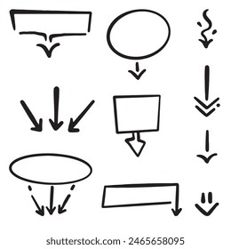 Flecha dibujada a mano hacia abajo para Botones, signos y símbolos. Flechas de Vector aisladas, dibujadas a mano sobre un fondo blanco.