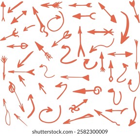 Hand-Drawn Arrow Icons Featuring Unique Decorative Styles and Curved Shapes. Collection of red decorative hand-drawn arrows featuring various designs and intricate curved patterns, representing 