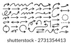  hand-drawn arrow icons set, bold black brush arrows, smooth curves, modern doodle style, minimal vector illustration,, multiple arrow shapes and directions, isolated on soild background