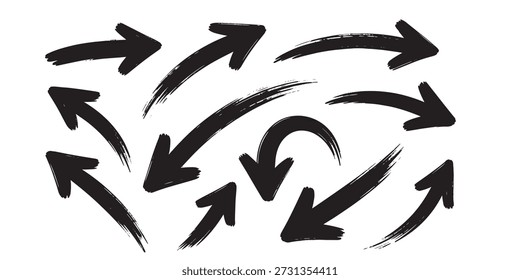  hand-drawn arrow icons set, bold black brush arrows, smooth curves, modern doodle style, minimal vector illustration,, multiple arrow shapes and directions, isolated on soild background
