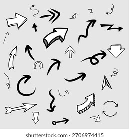 Conjunto de iconos de flecha dibujados a mano, perfecto para guiar la dirección, indicar el movimiento o decorar proyectos creativos.