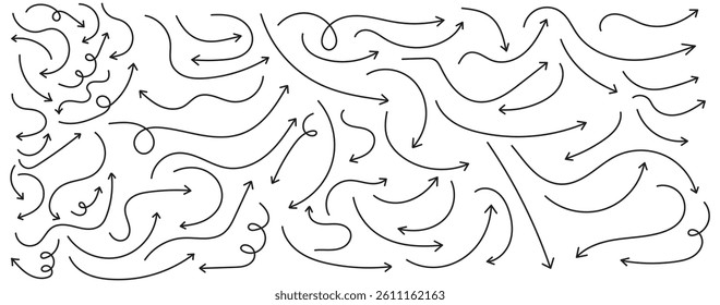 hand-drawn arrow marker. Hand-drawn brush stroke arrows on transparent background. Black charcoal ovals and arrows strokes different forms. Hand drawn vector arrows doodle set on white background.