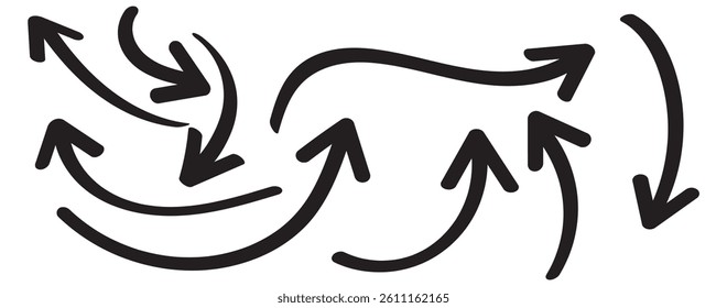 hand-drawn arrow marker. Hand-drawn brush stroke arrows on transparent background. Black charcoal ovals and arrows strokes different forms. Hand drawn vector arrows doodle set on white background.