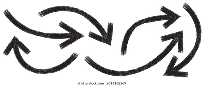 hand-drawn arrow marker. Hand-drawn brush stroke arrows on transparent background. Black charcoal ovals and arrows strokes different forms. Hand drawn vector arrows doodle set on white background.